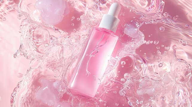 Pink cosmetic bottle with flowing abstract liquid wave presenting beauty care product and skin
