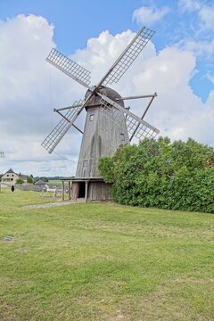 Unique Dutch style wooden windmill built in 1927, located at Angla Windmill Park located on Saaremaa Island in Estonia, Europe.