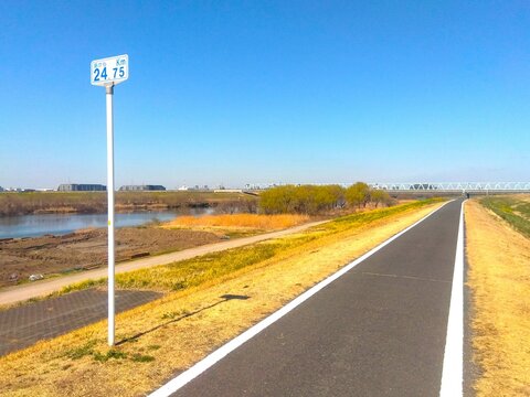 海から24.75キロメートル地点の早春の江戸川左岸サイクリング道路風景