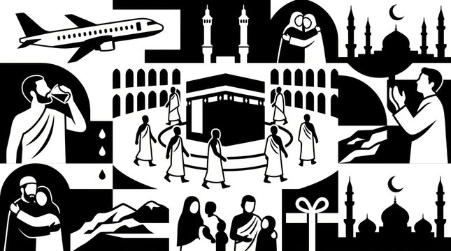 Hajj and umrah pilgrimage journey collage illustration