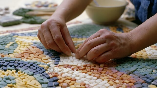 Close up of hands carefully placing small colorful tiles to form a mosaic pattern on a surface