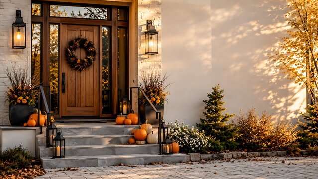 Autumnal front porch decor a warm welcome with pumpkins and fall foliage