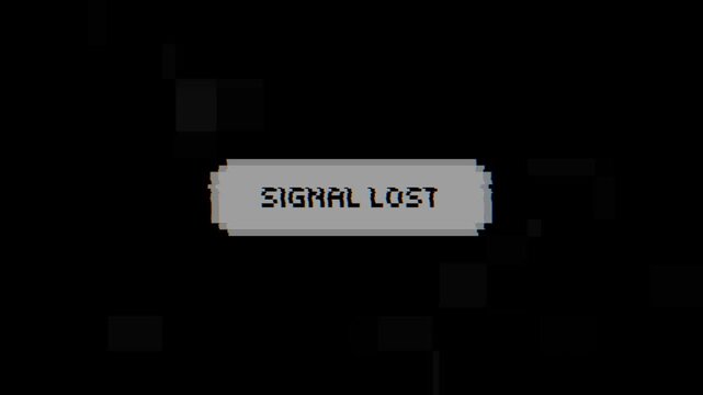 Retro Pixel Art Graphic Displaying a Signal Lost Message on a Dark Background with Glitch Effects for Vintage Gaming Aesthetic Design