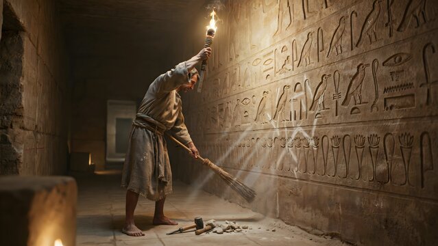Ancient Egyptian archaeologist studying hieroglyphics in tomb with torchlight