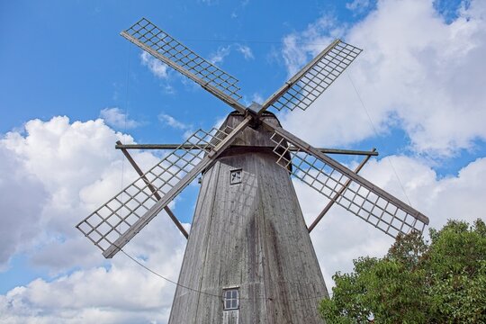 Unique Dutch style wooden windmill built in 1927, located at Angla Windmill Park located on Saaremaa Island in Estonia, Europe.