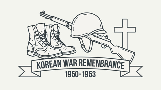 Military Boots Helmet Rifle Cross Line Art Vector Design for Korean War Remembrance
