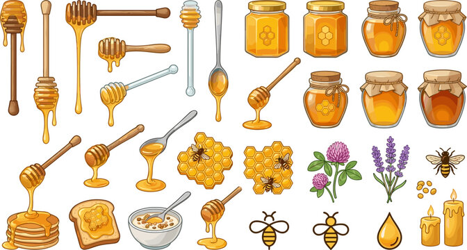 Organic Honey and Apiary Vector Icon Set Featuring Honey Dippers Glass Jars Honeycombs Lavender Blossoms and Beeswax Candles