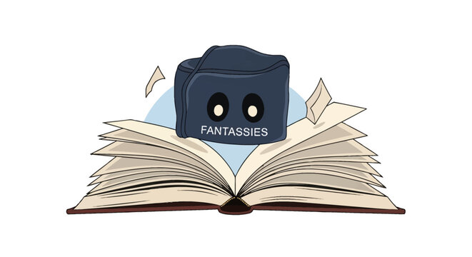 Vector graphic of an open book with fanned cream pages and a dark blue character with wide eyes and FANTASSIES text on a white background with a blue circle.