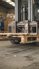 Fototapeta premium Industrial Forklift Lifting Wooden Pallet in Warehouse with Cardboard Boxes
