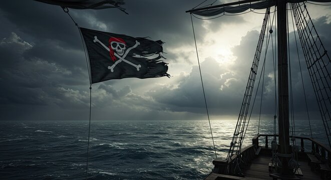 Pirate ship sailing in stormy seas with skull and crossbones flag