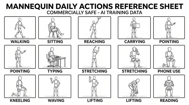 Mannequin daily action poses reference guide for fitness training. Athletic movement chart for exercise routines and workout planning.