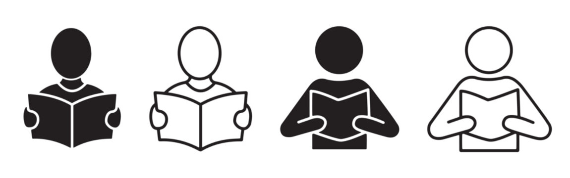Reading book icon set.  Person reading book vector, student or reader symbols in solid and outline styles. Student learning symbol for education, knowledge, library and website, app designs.