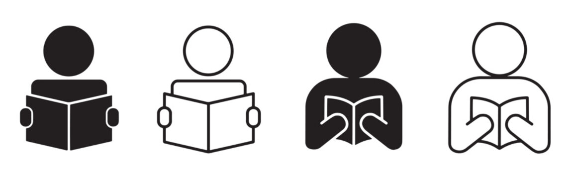 Reading book icon set.  Person reading book vector, student or reader symbols in solid and outline styles. Student learning symbol for education, knowledge, library and website, app designs.