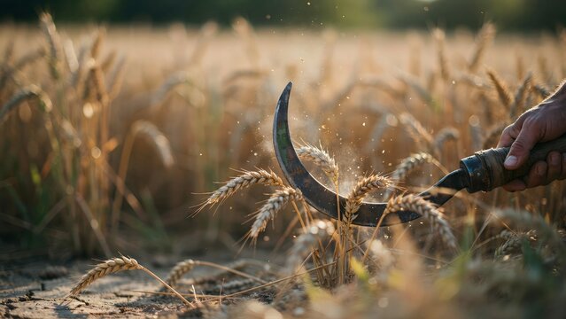 Farmer harvesting wheat with a sickle in golden fields at sunset