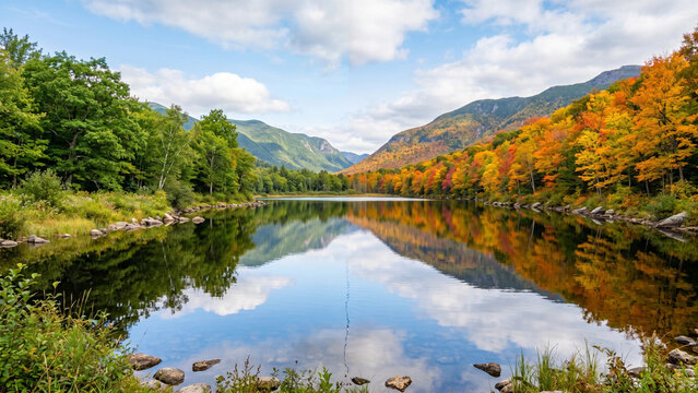Autumn Equinox. Photorealistic: mirror-like lake reflecting summer on one half and autumn on the other at exact equinox moment  
