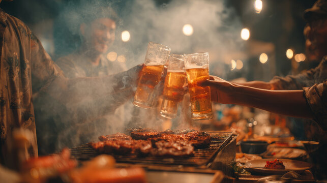 Friends celebrating with drinks at a summer barbecue surrounded by smoke and delicious grilled food