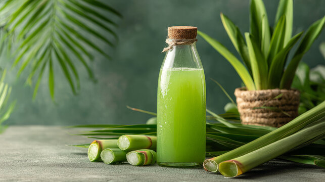 Refreshing green juice in a bottle placed among aloe vera and vibrant tropical leaves on a rustic wooden table
