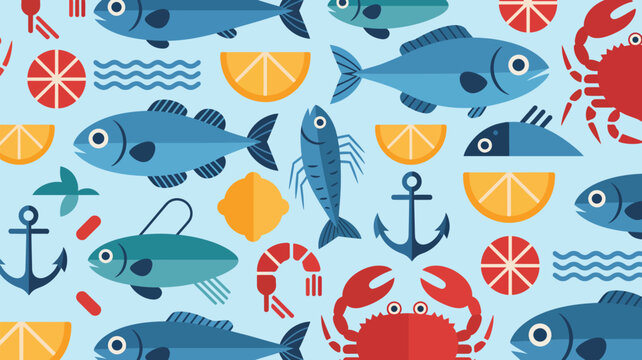 Seafood collection displaying various blue fish, red crabs, shrimp, sliced orange citrus, and nautical anchors scattered across a light blue background for a maritime dining theme.