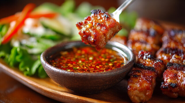 Savory grilled meat skewers accompanied by vibrant fresh vegetables and a zesty dipping sauce for an irresistible meal