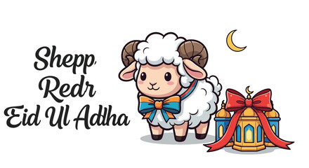 Fototapeta premium Eid Ul Adha greeting vector with cute sheep character, Islamic holiday celebration illustration, cartoon ram with mosque and crescent moon