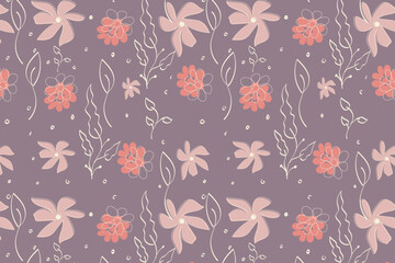 Soft pink and purple stylized blooms spread across rich mauve for a modern romantic look. Ideal for fabric and wallpaper. © uniqueworld888