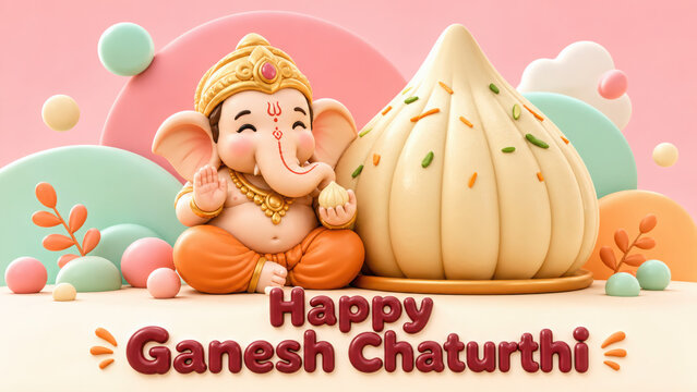Cute cartoon lord ganesha sitting next to a large modak sweet on a pastel generated using ai