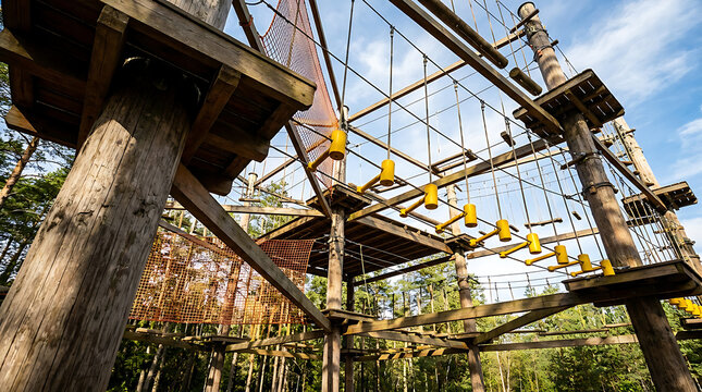 High ropes course with wooden platforms and suspended obstacles among trees, offering an adventurous outdoor activity