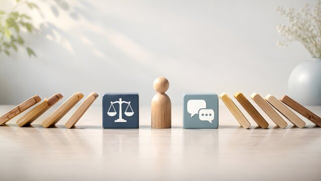 Conflict Resolution and Legal Mediation Concept with Wooden Figure and Blocks Stopping Falling Dominoes
