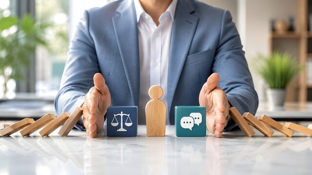 Businessman in suit stopping falling dominoes to protect wooden human figure with legal scale and chat icons representing business risk management and legal consulting