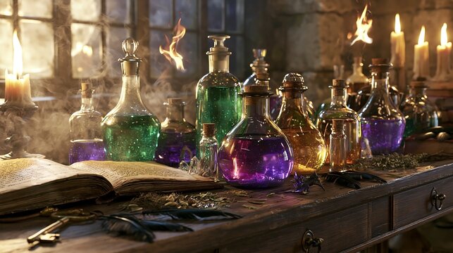 Alchemist Workshop Table with Colorful Glowing Potion Bottles Open Spellbook and Candles
