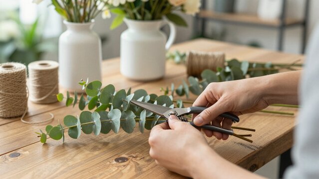 A skilled florist uses secateurs to trim fresh eucalyptus stems, surrounded by rustic tools and white vases in a cozy floral workshop setting.