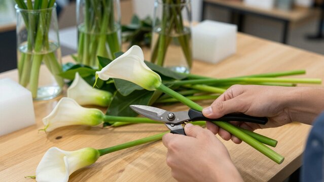 A skilled florist uses secateurs to trim the thick green stems of elegant white calla lilies on a wooden work surface, surrounded by floral supplies and vases.