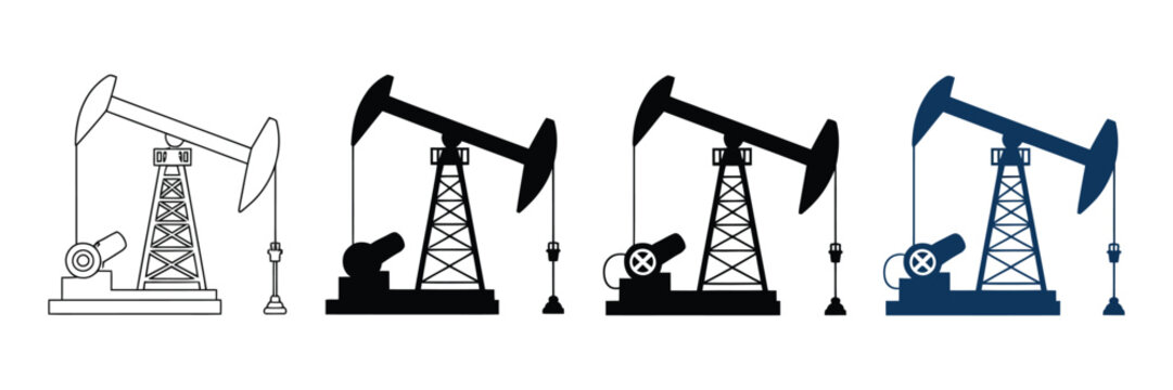 Industrial oil pump jack vector icons set, oil well drilling rig silhouettes, petroleum extraction machinery symbols for energy industry infographics