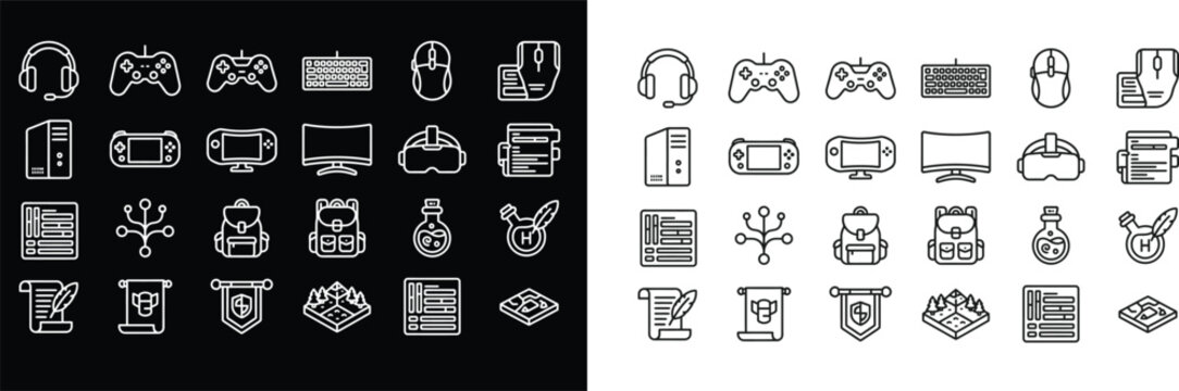 Comprehensive collection of thin line icons featuring gaming hardware, fantasy adventure items, and user interface elements in dual contrast.