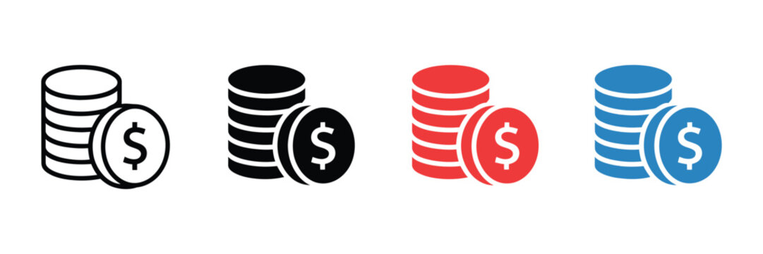 Minimalist dollar coin stack icons, flat money currency symbols in black red and blue, financial savings and banking vector set for web design