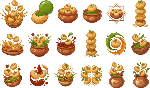 Traditional Panipuri Vector Icon Set with Crispy Golgappa Shells Spicy Water Splashes Clay Bowls and Indian Street Food Snack Logo Designs
