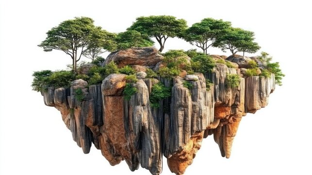 Floating island with lush vegetation and rocky cliffs