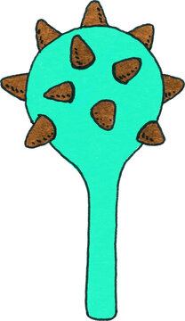 Mint green round ogre club illustration with brown spikes, hand-drawn colored pencil goblin mace for Halloween creature character design, PNG format.