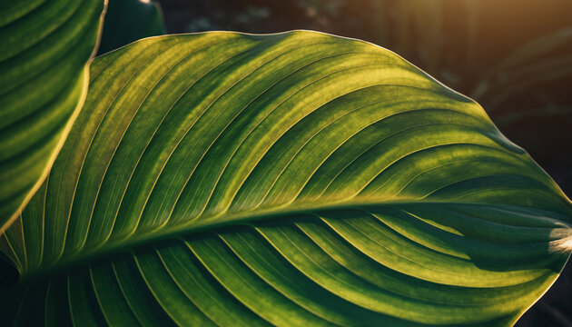 Close Up of Large Green Tropical Leaf with Veins.