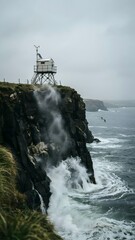 Fototapeta premium Coastal Lighthouse on Clifftop with Ocean Waves and Overcast Sky