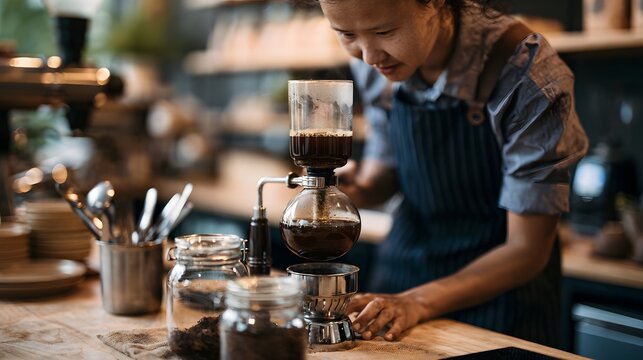 A person carefully brewing coffee using a siphon brewer on a wooden counter surrounded by glass jars and kitchen tools