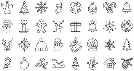 Fototapeta premium Christmas holiday line icon set for festive celebration. Vector illustration.