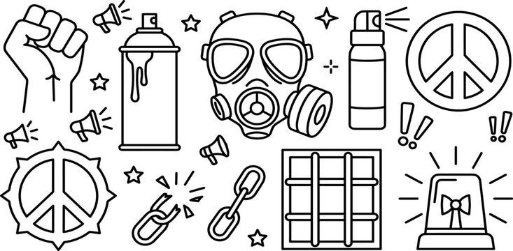 Activism and political protest vector elements set featuring resistance fist gas mask anarchy peace symbol pepper spray broken chain