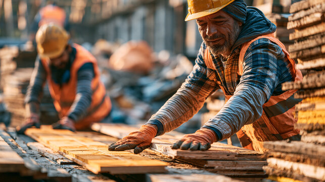 Two adult construction workers removing reusable timber boards during controlled deconstruction highlighting material recovery and circular building practice