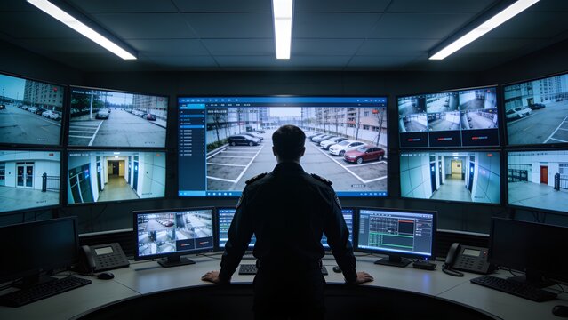 Rear View Of A Man In Control Room Monitoring Multiple Cctv Footage