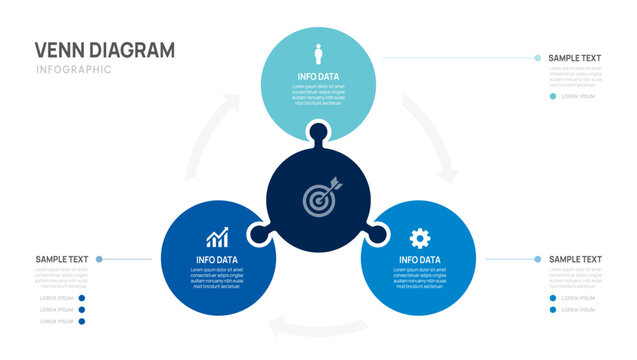 Venn diagram infographic chart template for business jigsaw 3 parts options, presentation with venn diagram elements vector illustration.