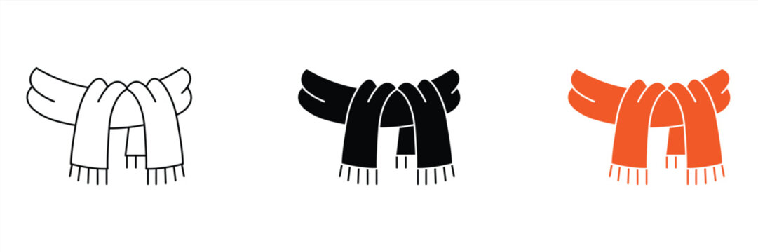 Icon set of stylish winter scarves with tassel accents in a solid style, on a white background, vector illustration.