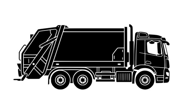 Heavy garbage truck or waste collection vehicle side view black vector icon silhouette