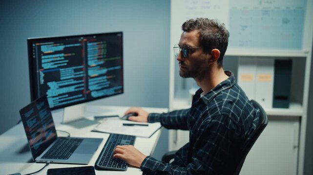 Young Caucasian male programmer write code on computer in home office at late night. AI technology, cybersecurity, software developer, freelance innovation, database system, digital network concept.