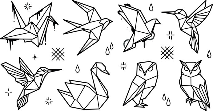 Geometric geometric bird vector icon set featuring origami cranes swallows hummingbirds swan and owl line art tattoo designs,
